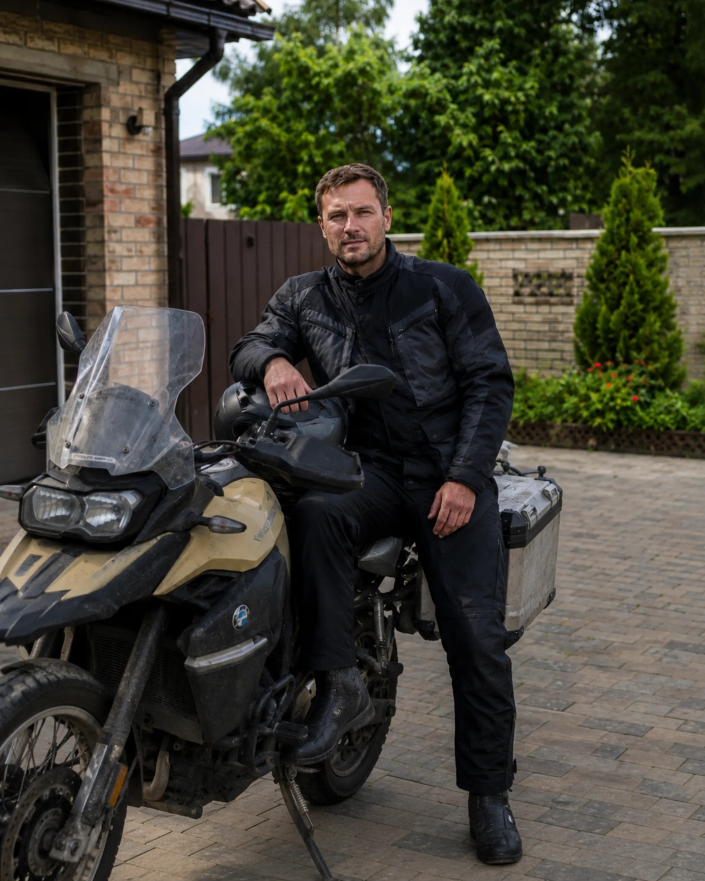 Konstantin Buryachenko standing by a motorcycle before a ride